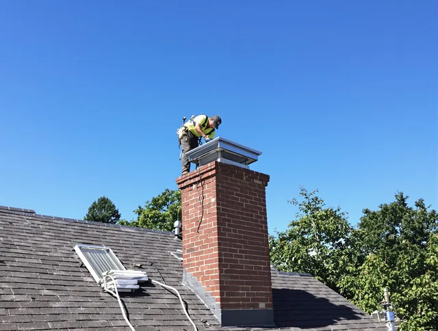 Burrillville Chimney Sweep technician measuring a chimney cap in Burrillville, RI