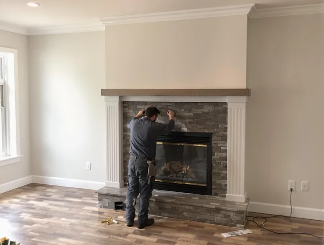 Burrillville Chimney Sweep finishing a custom fireplace install in Burrillville, RI